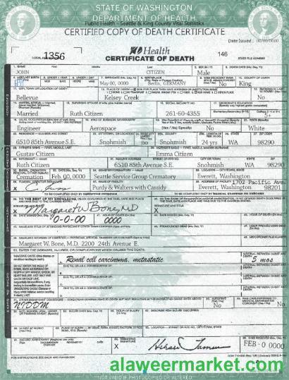 USA Washington state death certificate template in PSD format, fully editable, version 2